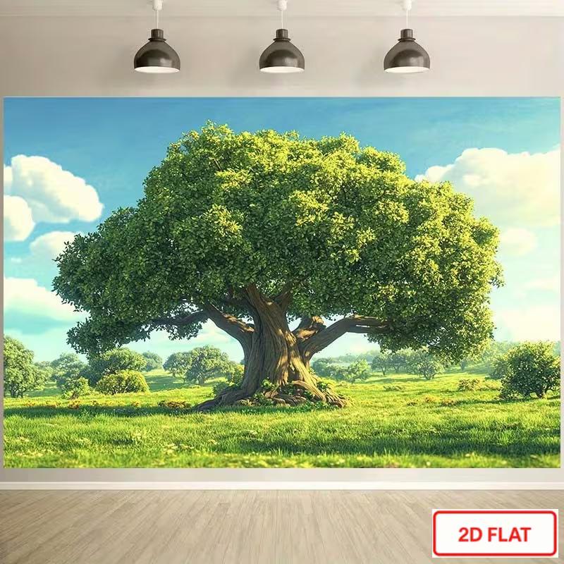 2D Whimsical Green Tree and Blue Sky Backdrop Photography Background Banner