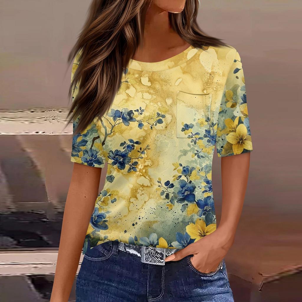 Футболки для женщин с круглым вырезом, нарядные повседневные блузки с принтом, короткие рукава, летние топы свободного кроя