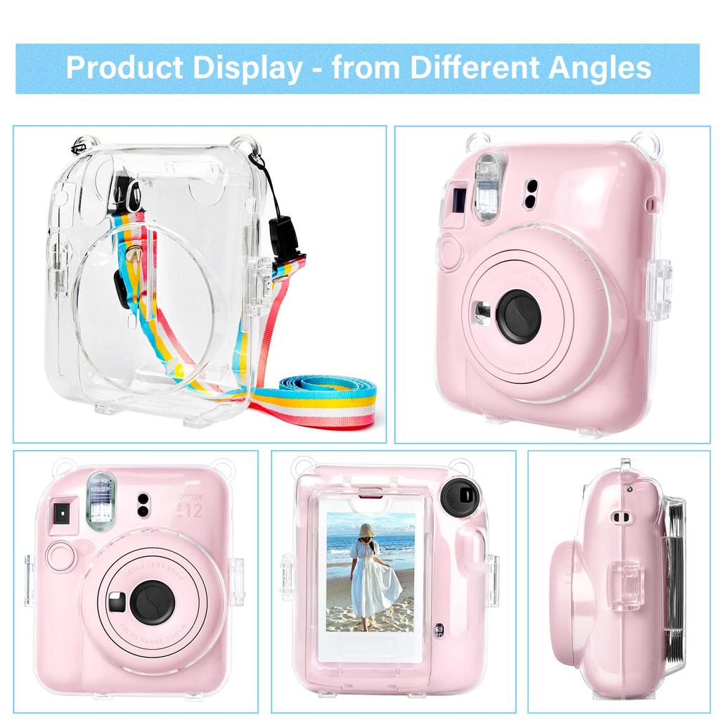 Kinokoo Instax Mini 12 Case, Fujifilm Instax Mini 12 Clear Case with Film Storage Pocket and Shoulder Strap