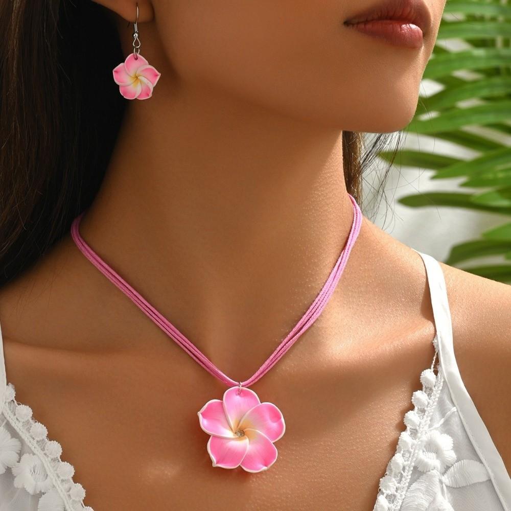 Soft Clay Flower Necklace Earrings Set Flower Jewelry Beach Vacation Accessory