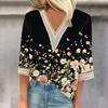 Женская модная футболка с V-образным вырезом и кружевным винтажным цветочным принтом, повседневный топ с семью рукавами