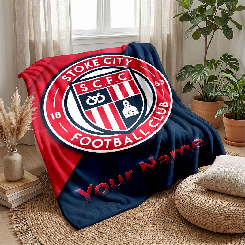 Stoke City FC Custom Name Text Flannel Blanket Soccer Logo Personalized Fleece Throw Blanket Special Gift For Sofa Bedroom Home