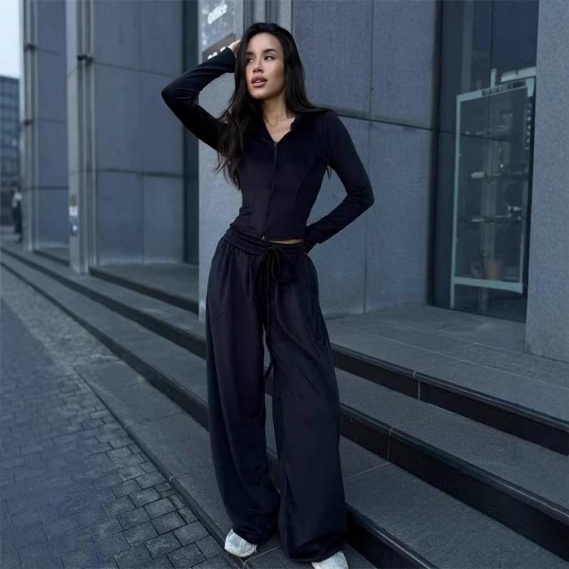 Womens Solid Color Long Sleeve Zip-Up Hooded Cardigan With Drawstring Wide Leg Pants Set Casual Streetwear Outfit