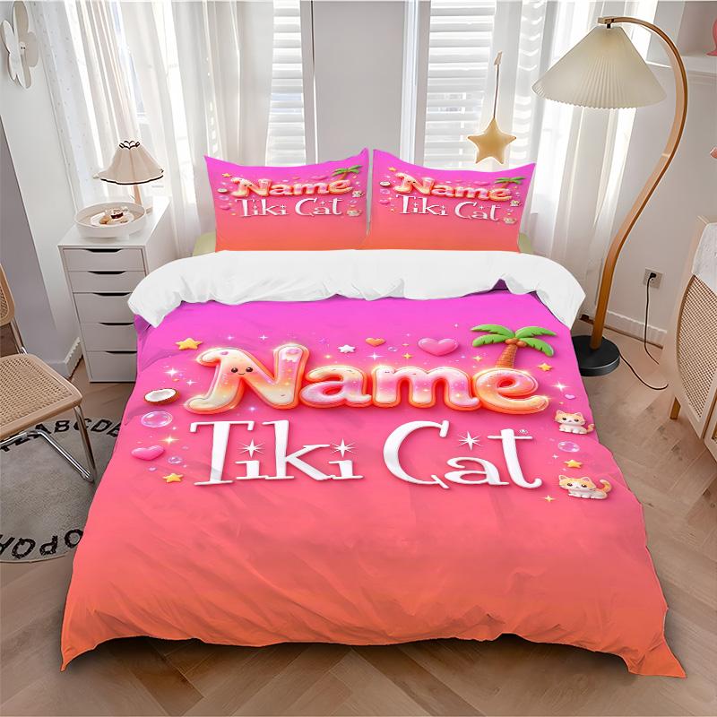 Custom Name Tiki Cat Bedding 3 Piece Set HD Print Duvet Cover Pillowcases for Teens Adult Bedroom Decoration Christmas Gift