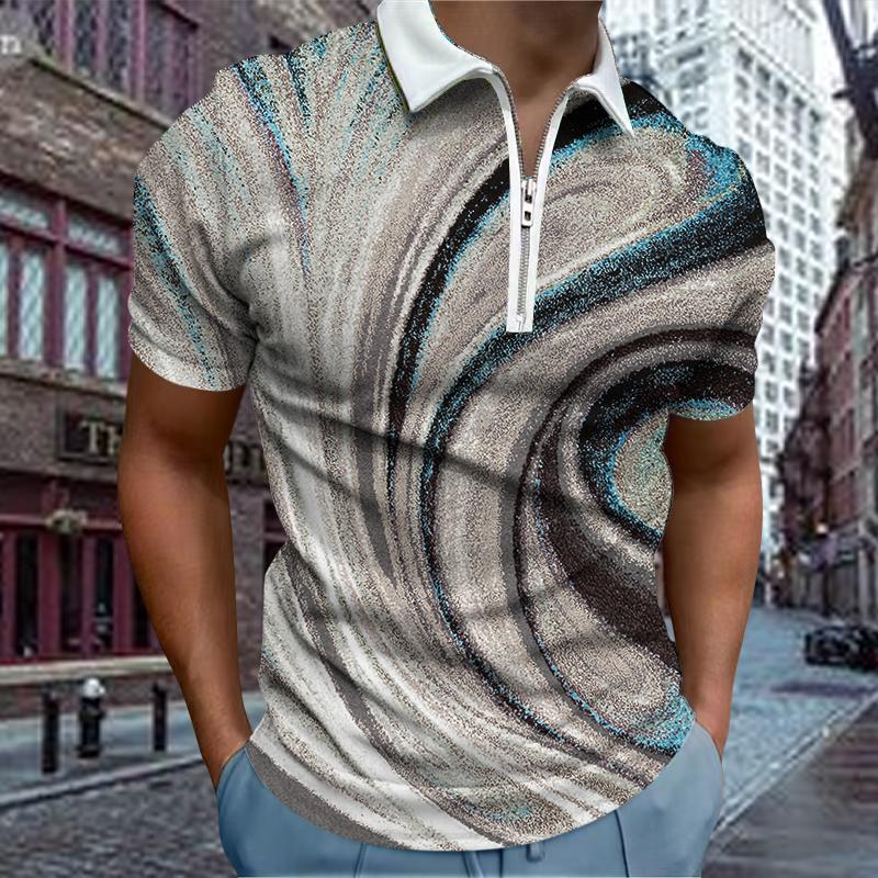 Casual Lapel T-shirt Young Men's Fashion Zipper T-shirt Short Sleeve T-shirt Men's 3D Orange Matte Print T Shirt