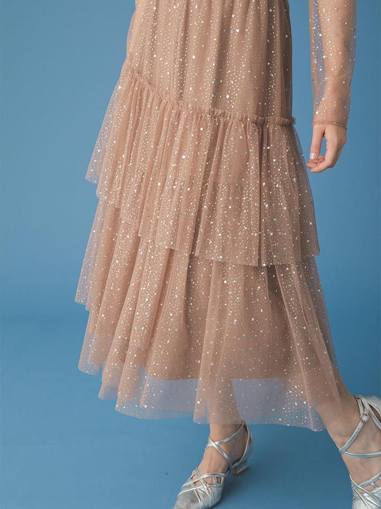 Long Sleeve Lame Tulle Dress RWFO269006BRW00