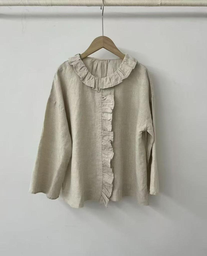 1116 Autumn New Women's Lotus Leaf Collar Top Cardigan ins Linen Long Sleeve Shirt Loose Shirt Niche