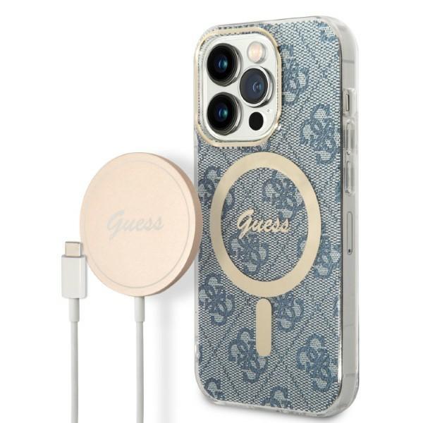 Guess GUBPP14LH4EACSB Case+ Charger Set iPhone 14 Pro 6.1" blue/blue hard case 4G Print MagSafe