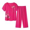 2 Pcs/Set Women T-shirt Pants Set Homewear Outfit Solid Color Floral Print Round Neck Short Sleeve Top Wide Leg Elastic Waist Loose Pants Pajamas