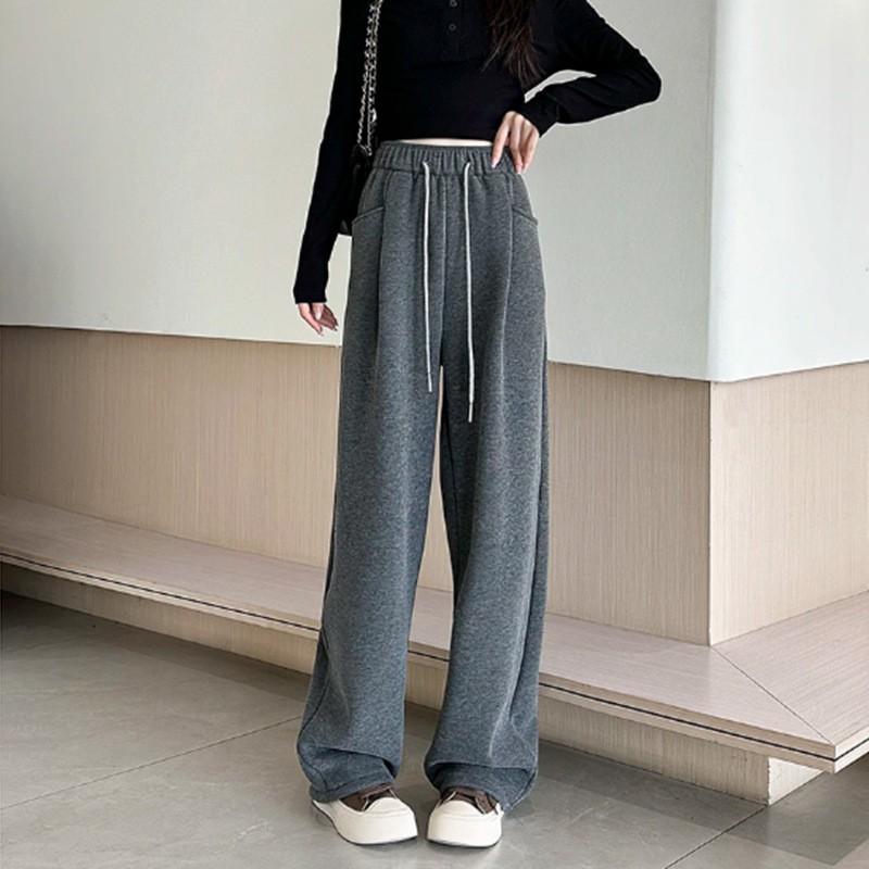 2026 Womens High-Waisted Wide-Leg Wool-Blend Flared Trousers Thickened Fleece-Lined Fall Winter Pants