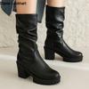 Fashion Classic Lady Winter Mid Calf Solid Boots Brand High Heel Boots Women Block Heel Platform Round Toe Shoes Woman Black