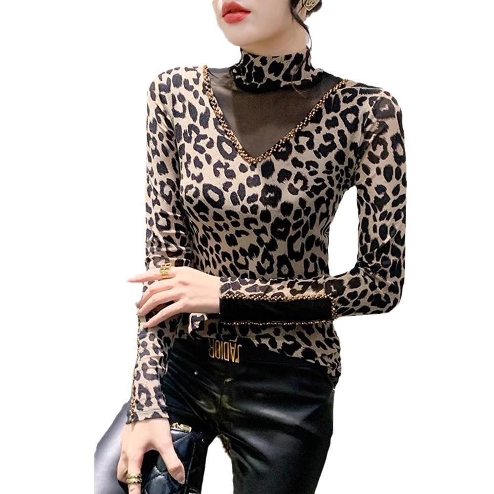 Splicing Long-sleeved Leopard Print T-shirt Women's Semi-turtleneck Bottoming Shirt Winter Foreign Style Top