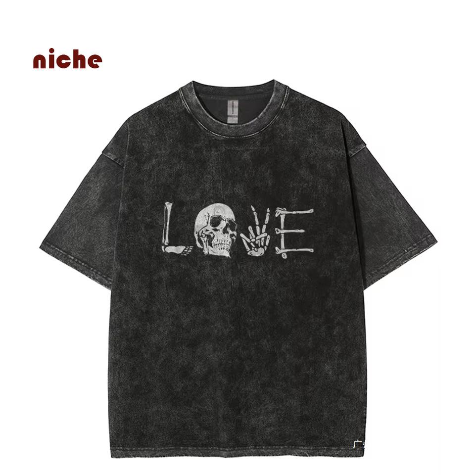 Design Sense Skull Letter Love Printed T-Shirt High Gram Wei