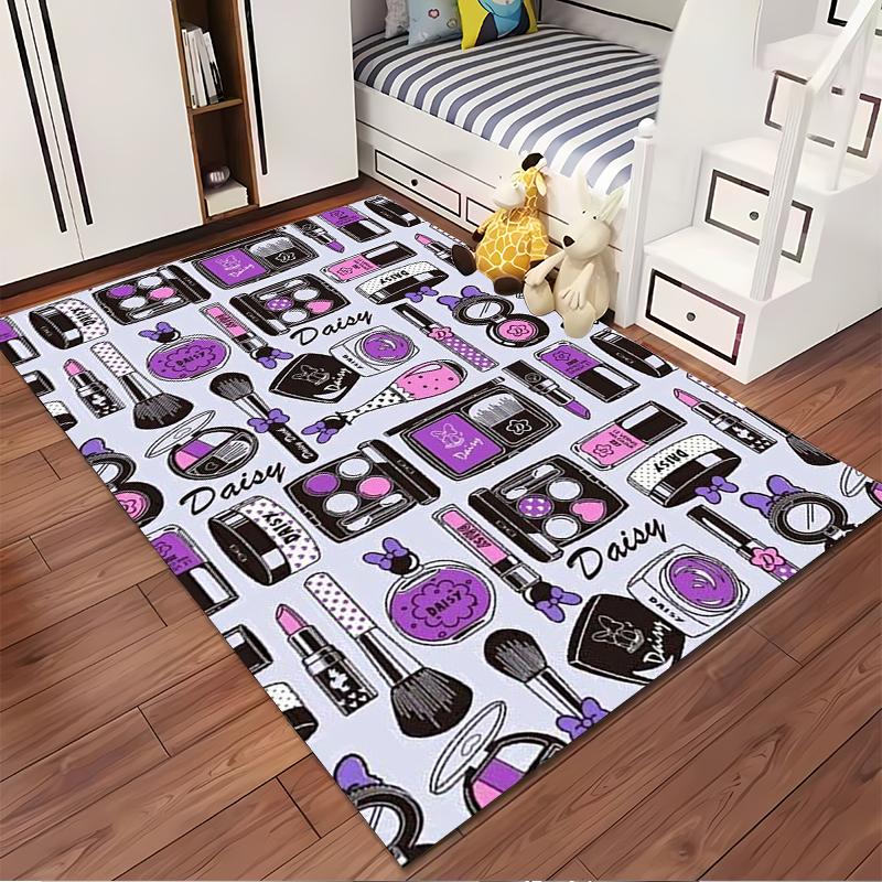 Makeup Pattern Rug with Daisy Motif Design. Non-slip rug suitable for living room and bedroom sofas.