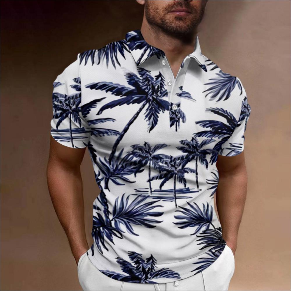 Hawaiian Style Short-Sleeve Polo Shirt, Palm Tree Print, Casual Summer Wear