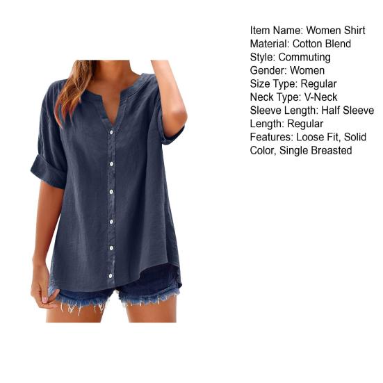 Женская рубашка с V-образным вырезом, рукавом до локтя, планкой на пуговицах, однотонная, свободного кроя, летняя, повседневная