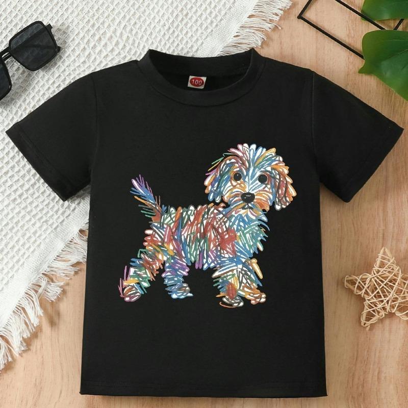 Girls Color Pencil Rainbow Puppy Graphic Crewneck Short Sleeve Tee
