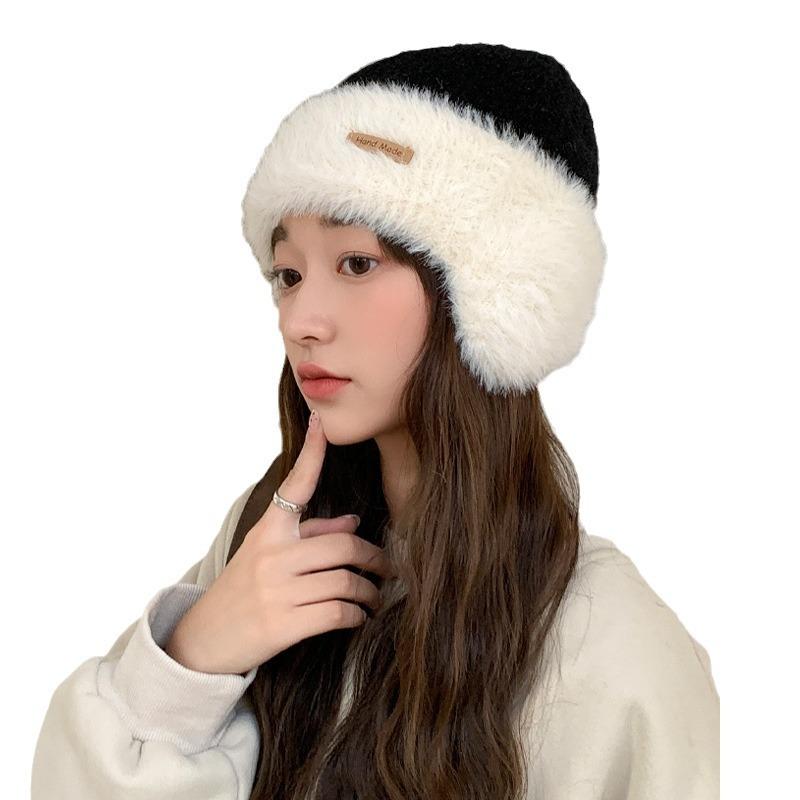 Autumn and Winter Big Head Circumference Knitted Wool Hat In Winter Warmth Thick Plush Hat Versatile Contrasting Ear Protection Cold Hat