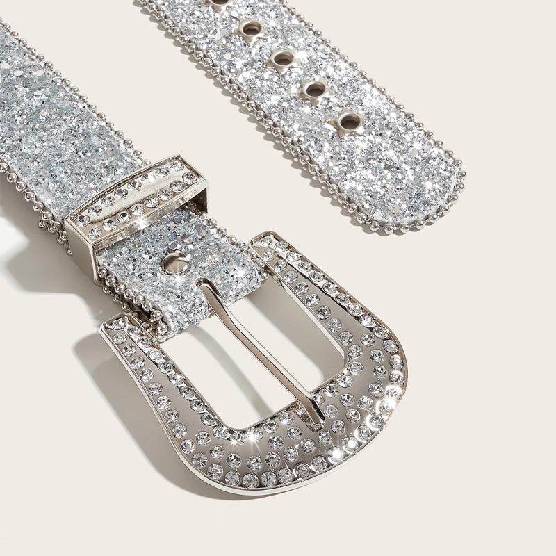 Y2K Women Fashion Solid Print Studded Full Rhinestone Belt Pu Leather Bling Crystal Adjustable Glitter Waistband For Club Party