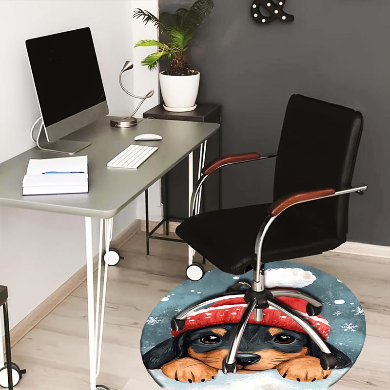 1pc Christmas puppy with Santa hat Round carpet, Made of Polyester,Office Chairs, Living Rooms, Or Bedrooms, a Cool Rug for The Living Room.ydt26039