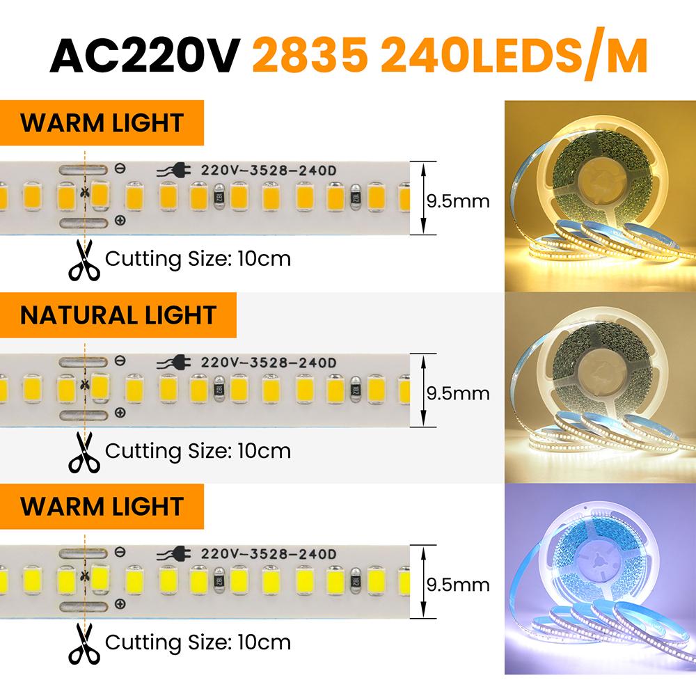 5M 10M 20M LED Adhesive Tape Light 110V 220V EU US Plug 2Pin Wire Bright Flex Strip 2835 240LEDs/m Home Decor Warm Natural White