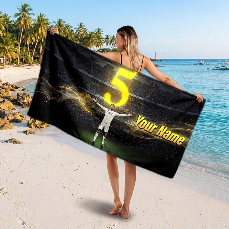Jude Bellingham Custom Beach Towel, Personalized Name Text Print, Football Logo Soft Quick‑Dry Towel Holiday Gift