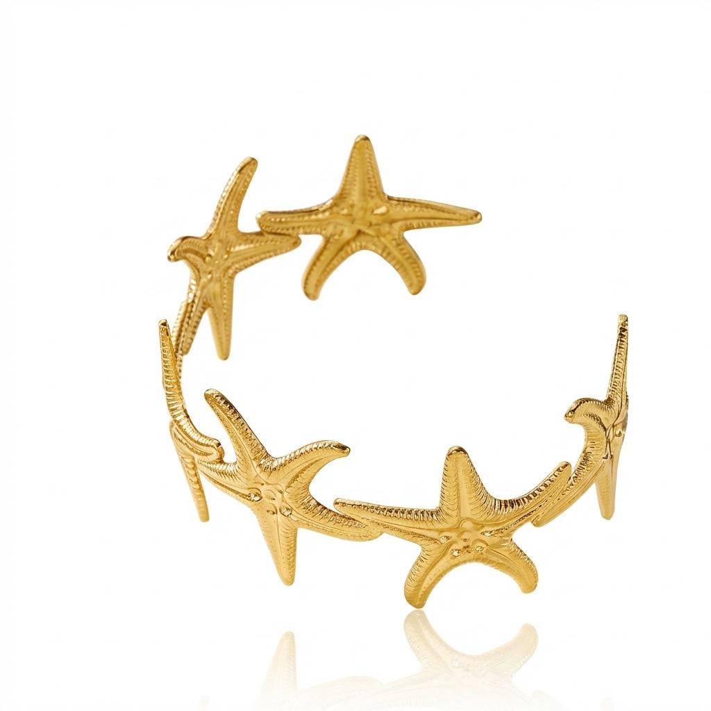 Hammered Stainless Steel Starfish Bangle For Women Marine Series Textured Metal Bracelet Non-Tarnish Jewelry