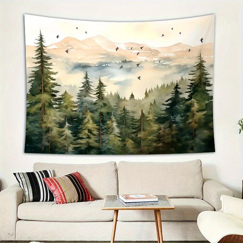 Forest And Mountains Foggy Tapestry Watercolor Landscape Wall Hanging Aesthetic Sage Green Decor For Bedroom And Living Room