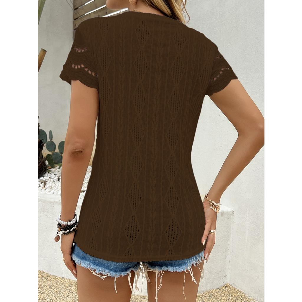 GMXIA Spring Summer Fashion Round Neck Hollow Short Sleeve Round Neck T-shirt Top Woman