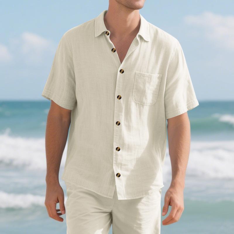 Мужская свободная повседневная однотонная льняная рубашка с коротким рукавом на пуговицах с нагрудным карманом
