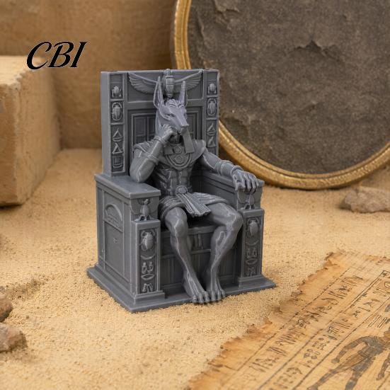 3D Printed Stone Sculpture Anubis Sitting on Throne Statue, Palm-Sized Retro Gray Texture Mini Ornament, Ancient Egyptian Style Stable Base Figurine