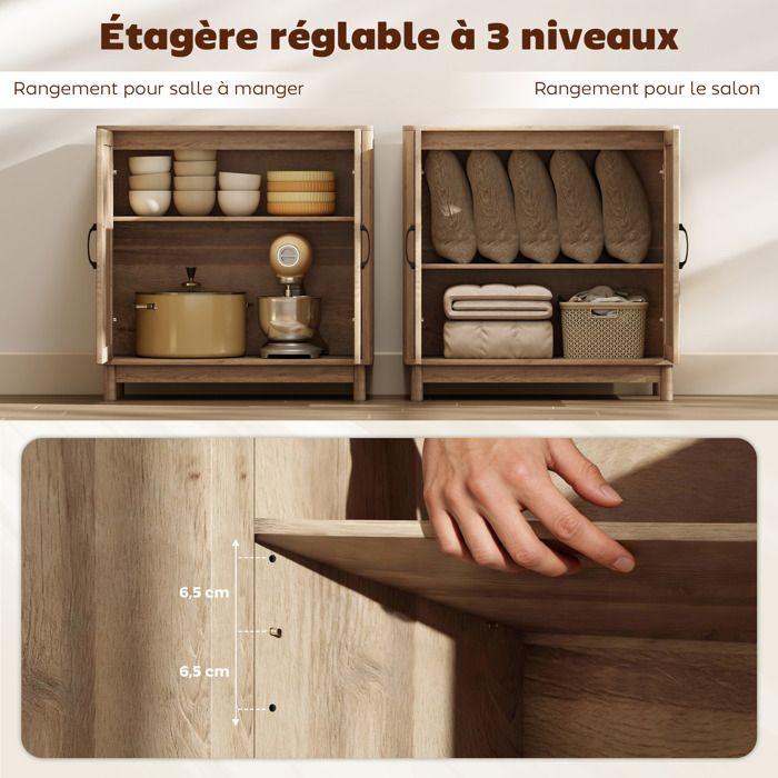Buffet - HOMCOM - 2 portes en rotin, étagère réglable et bords arrondis - panneau de particules - 76 x 35 x 75,5 cm - chêne