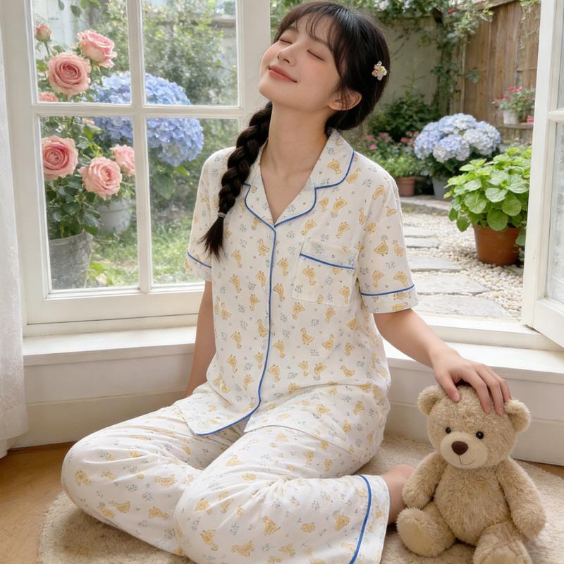 Imitation cotton cardigan pajamas women's summer short-sleeved trousers pastoral cartoon little yellow duck loose and comfortable loungewear