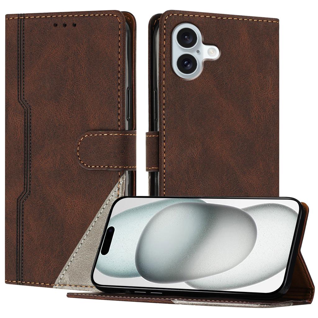 For iPhone 16 Plus Leather Case Triangle Patchwork Wallet Stand Shockproof Phone Cover