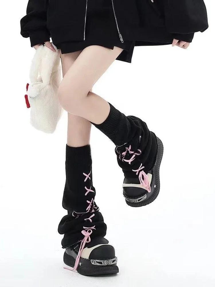 Кружевные японские гетры Harajuku Y2k Spicy Girl выше колена ворсистые носки черные расклешенные длинные носки высокие носки женские чехлы для ног