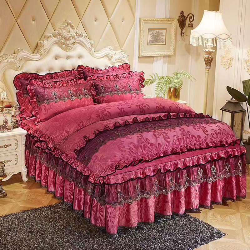 King Size/Queen Size/Twin Size Lace Bed Skirt Quilt Cover Pillowcase Four-piece Set Thickening Warm Bedroom Simple Bedding High Quality Autumn Winter