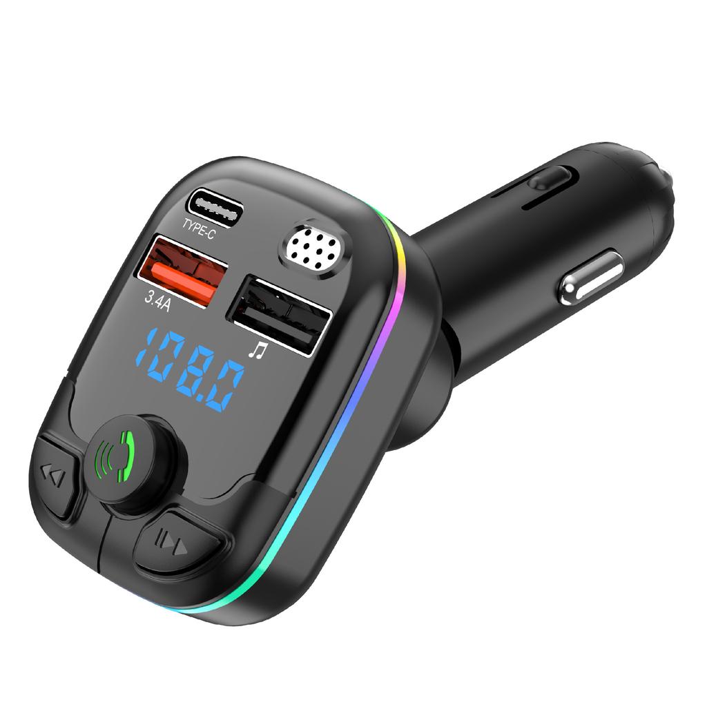 Bluetooth 5.0 Car FM Transmitter Wireless Charger PD Type C Fast Charge Dual USB Charger Ambient Light MP3 Player Handsfree