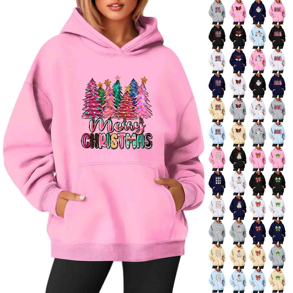 Women's Sweatshirts O-neck Long Sleeve Christmas Printed Top Solid Color Hoodie