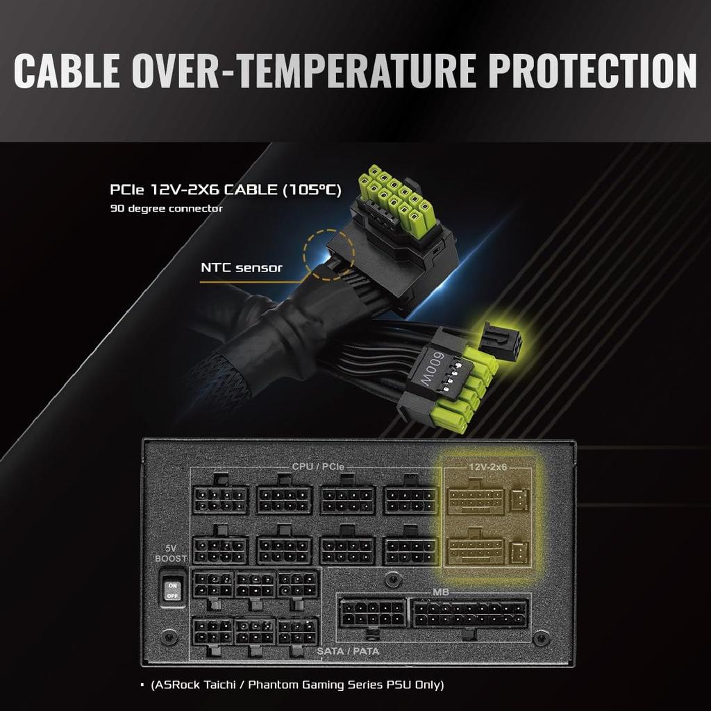 Специальный L-образный кабель для блока питания ASRock (90 °), 12В-2x6 Коннектор, Соответствует ATX 3.1 / PCIe 5.1, Двухцветный дизайн, CB-12V2X6L600W