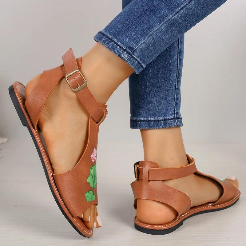 2024 New Hot Selling Versatile Solid Color Printed Open Toe Women's Slippers Buckle Decorated Summer Women's Shoes Zapatos