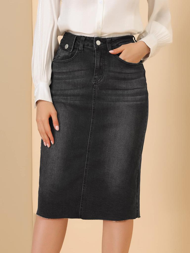 Allegra K Denim Skirt, Mini Skirt, Summer, High-Waisted, Elastic, Knee-Length, A-Line, Slimming, Casual, Women's, Black, Size 3XL
