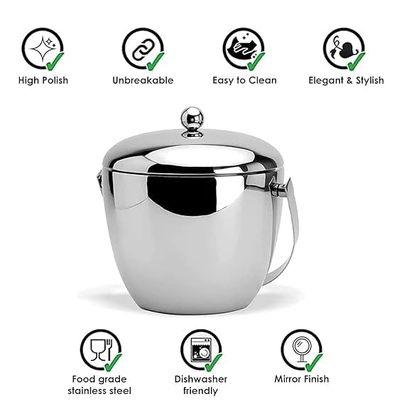 ABHAS® 1.5L Stainless Steel Apple-Shaped Ice Bucket With Tong, Peg Measurer & Wine Stopper | Premium Bar Accessory