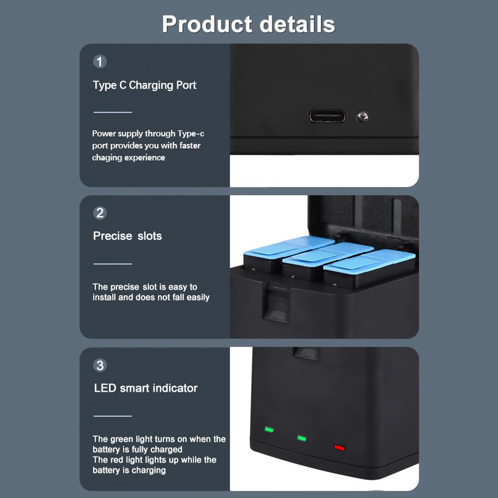 3 аккумулятора емкостью 1800 мАч + зарядное устройство на 3 аккумулятора с USB-портом, совместимое с GoPro Hero 12/11/10/9