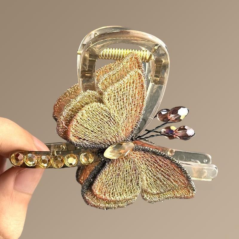 Temperament Retro Embroidered Butterfly Grip Clip Female Medium New Style Back of Head Half Tie Hair Shark Clips Hair Ornament