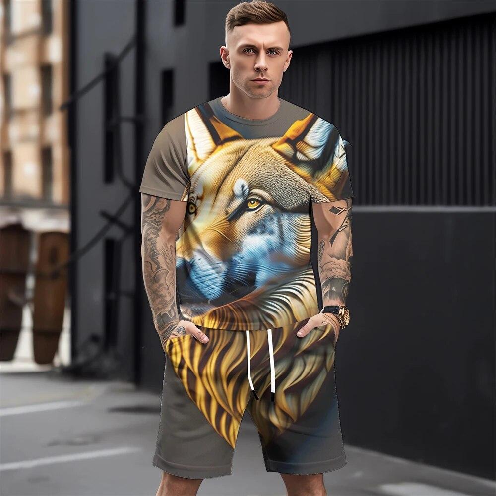 Летние мужские комплекты футболок, модная одежда с 3D принтом животных, необходимая одежда для мужчин, повседневный спортивный костюм, спортивный костюм из двух предметов для бега, спортзала