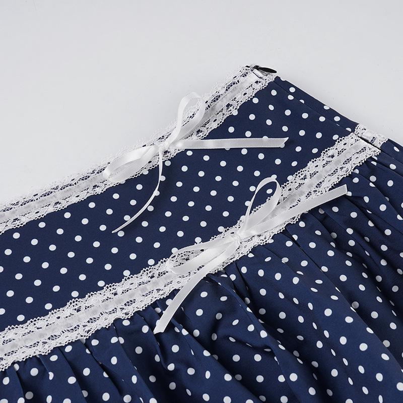 Retro Polka Dot Bow Lace Trim A-line Skirt - Summer Slimming Style