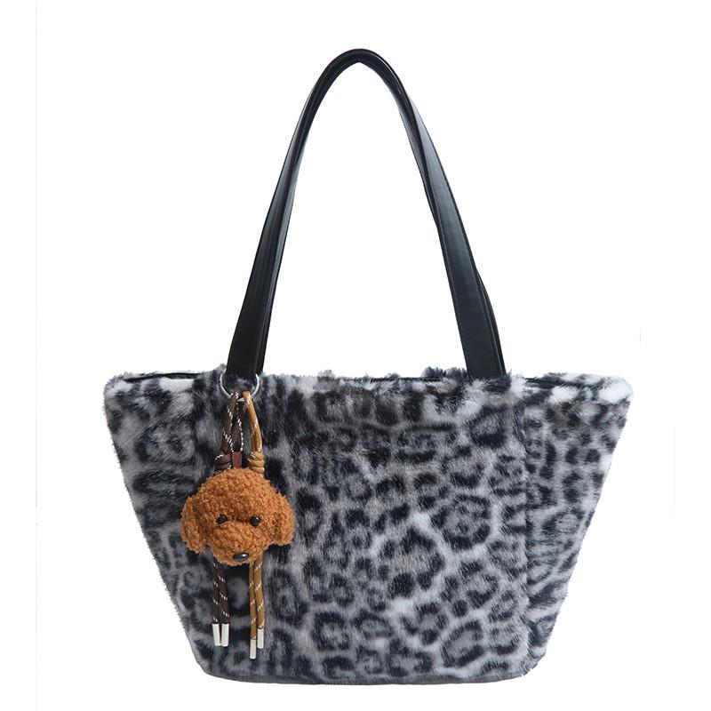 Urban Style Leopard Pattern Plush Tote Bag With Zipper Closure And Multiple Pockets