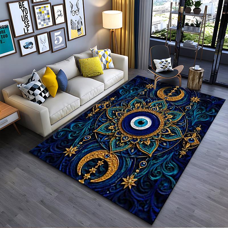 Spiritual Area Rug, Evil Eye Mandala Blue Gold Lotus Poster, Living Room Decor, Non-Slip Mat