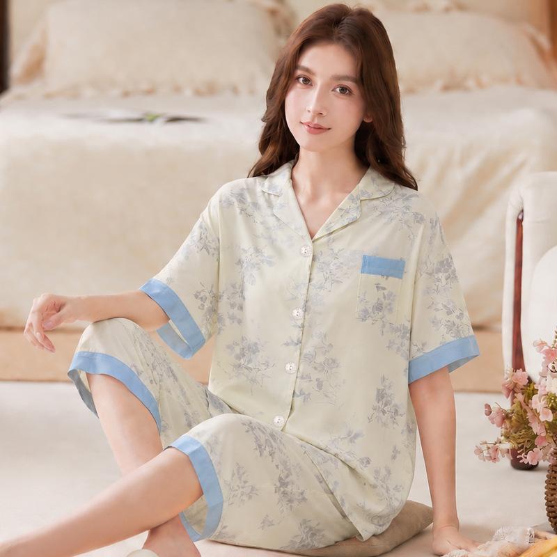 ins peach pajamas women's summer new imitation cotton short-sleeved cropped pants middle-aged mother's loungewear