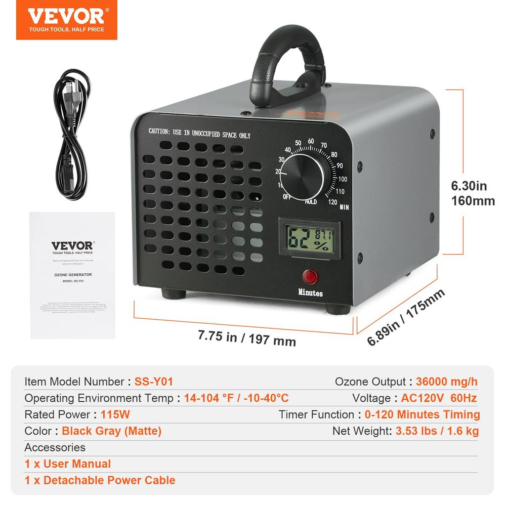 VEVOR Озонатор 36000 мг/ч Машина для озонирования Устранитель запахов с таймером 0-120 мин